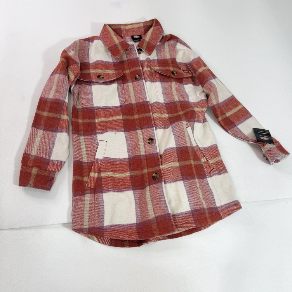 Dickies Jacket Womens XS Red Plaid Flannel Shirt Shacket Button Front Mid Length